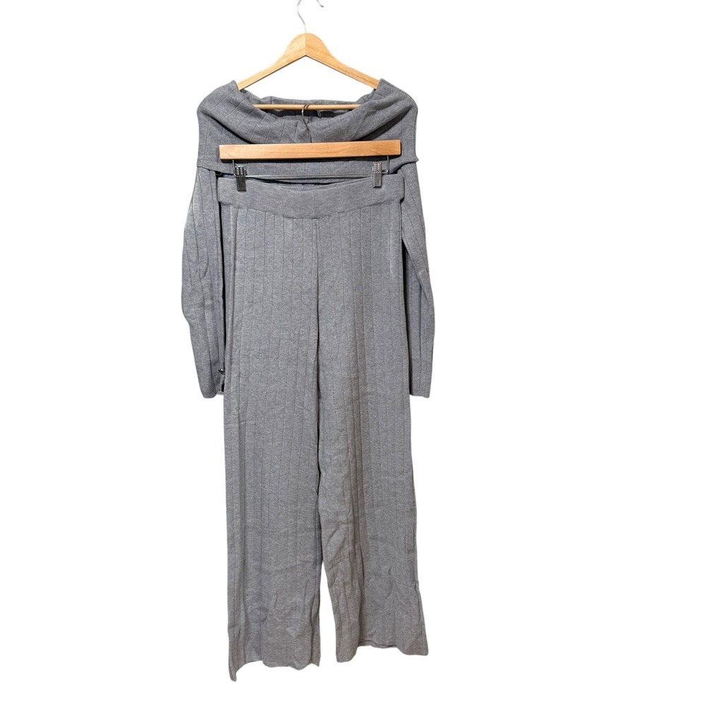 Gray Ribbed Knit Off Shoulder Top and Wide Leg Pants Set XL ODL2582